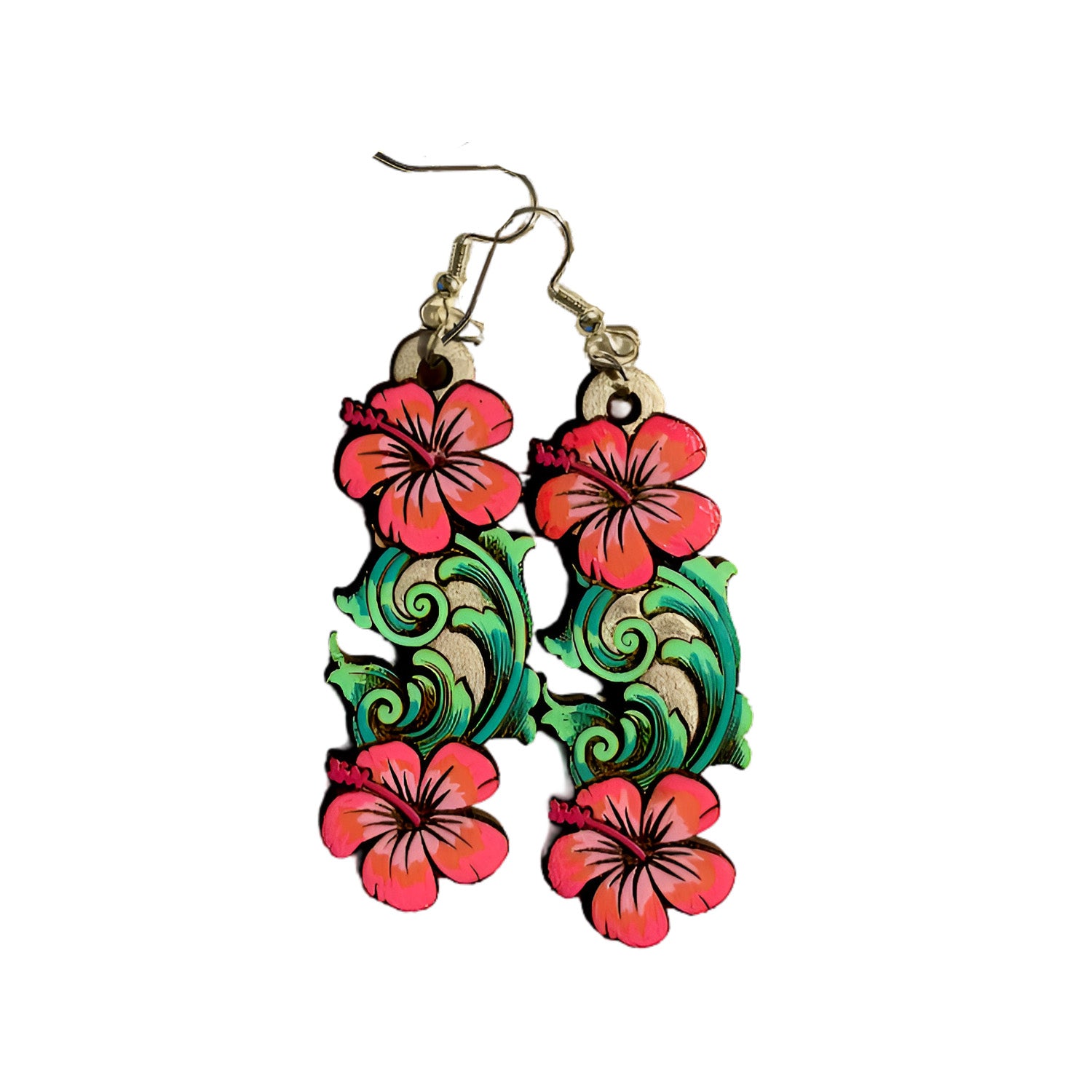 Hawaiian Hibiscus Flower with Leaves Dangle Earrings – Glowforge Shop