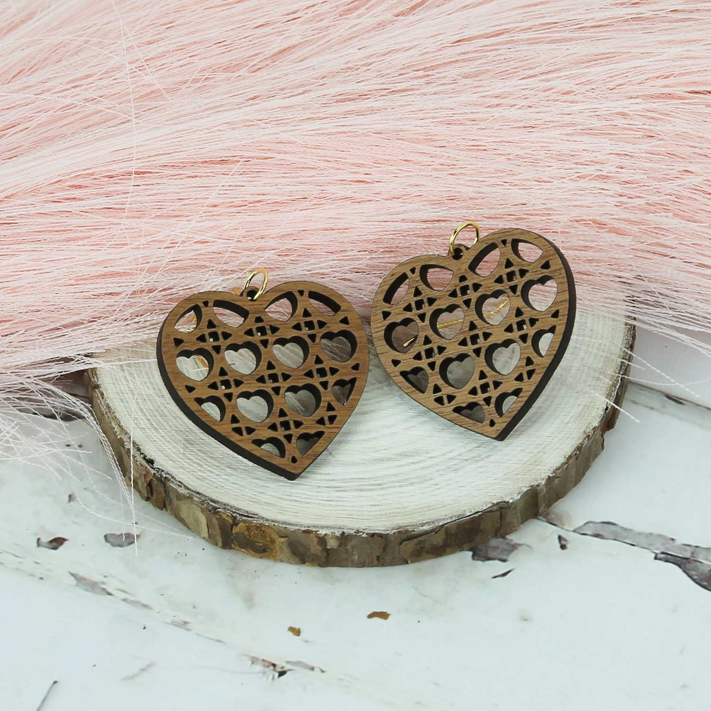 Heart-Shaped Earrings with Heart Rattan Pattern - Valentines Earrings - Glowforge