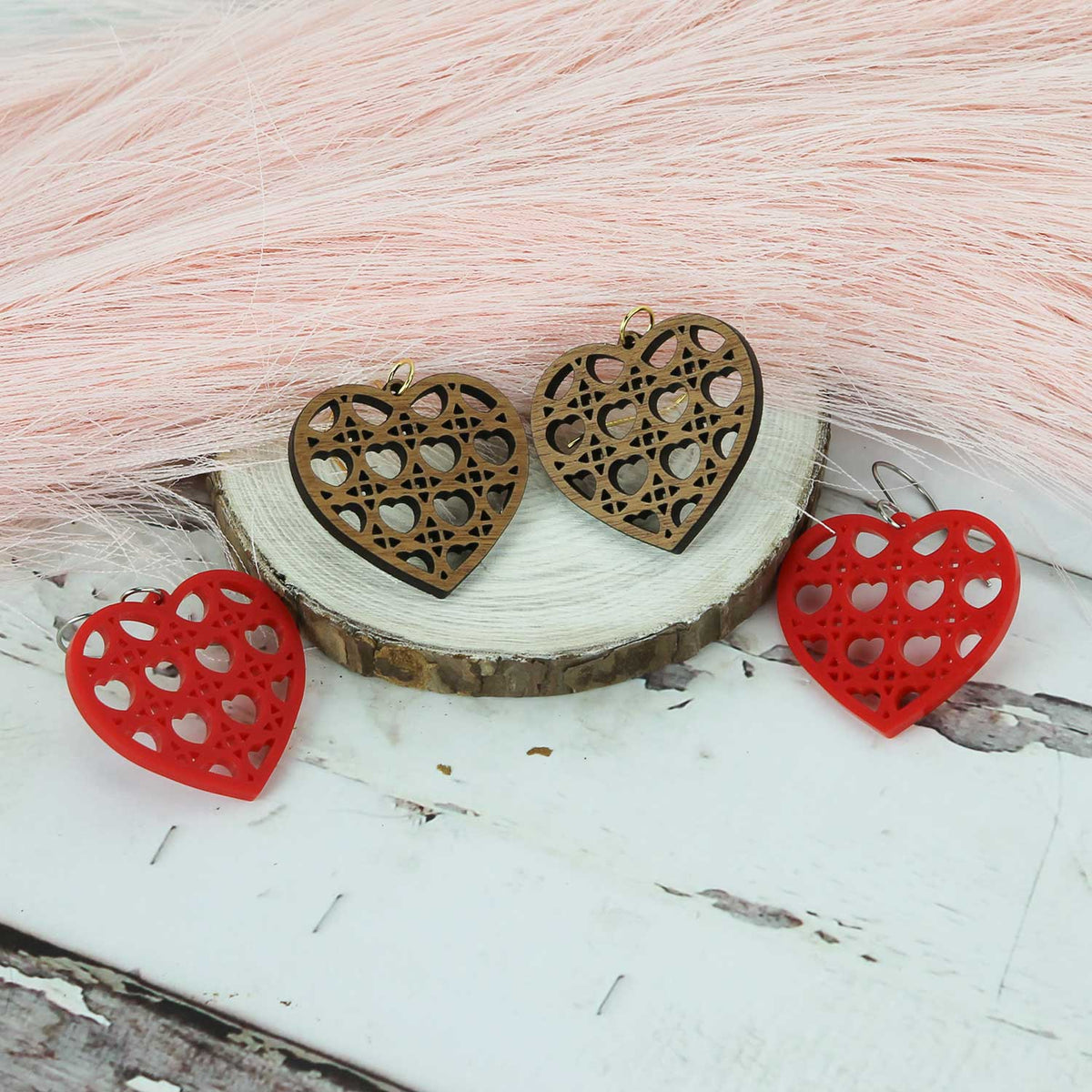 Heart-Shaped Earrings with Heart Rattan Pattern - Valentines Earrings - Glowforge