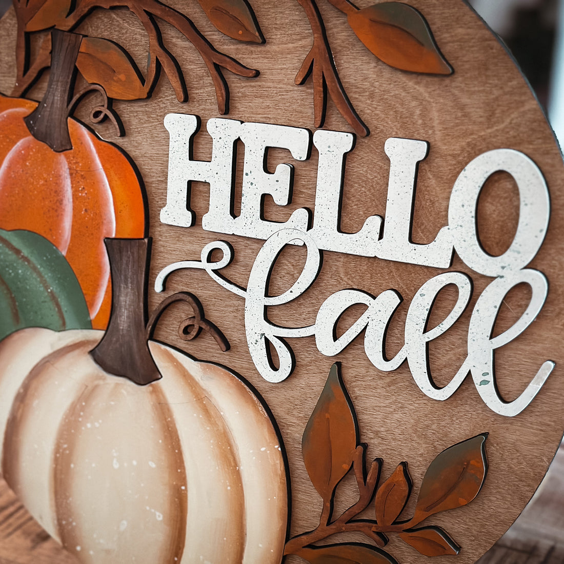 Hello Fall with Three Pumpkins and Leaves Door Sign - Fall Door Décor ...