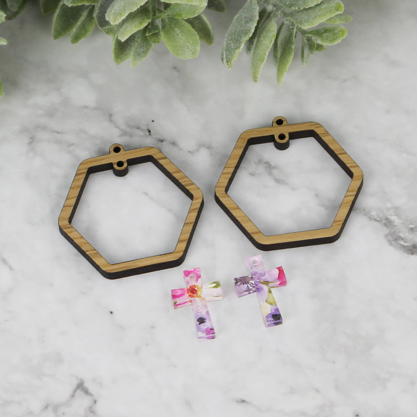 Hexagon Hoop Earrings with Cross Charm - Christian / Easter Earrings - Glowforge