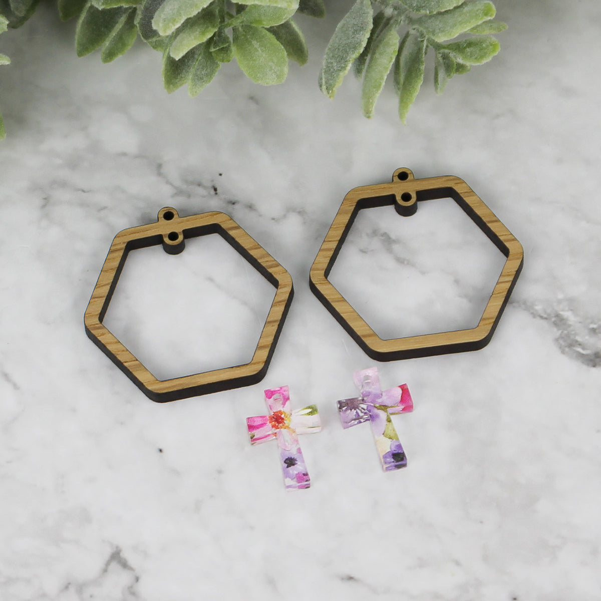 Hexagon Hoop Earrings with Cross Charm - Christian / Easter Earrings - Glowforge