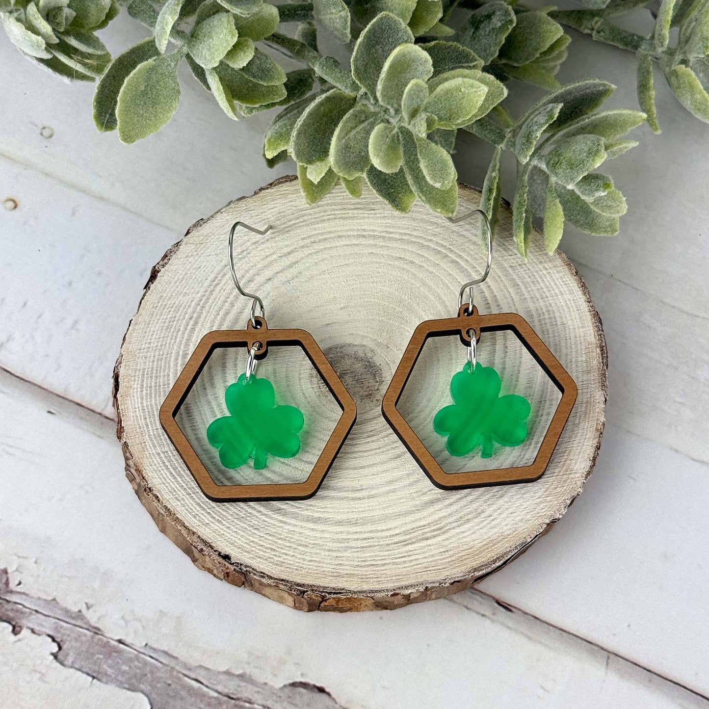 Hexagon Hoop Earrings with Shamrock Charm - St. Patrick's Day Earrings - Glowforge