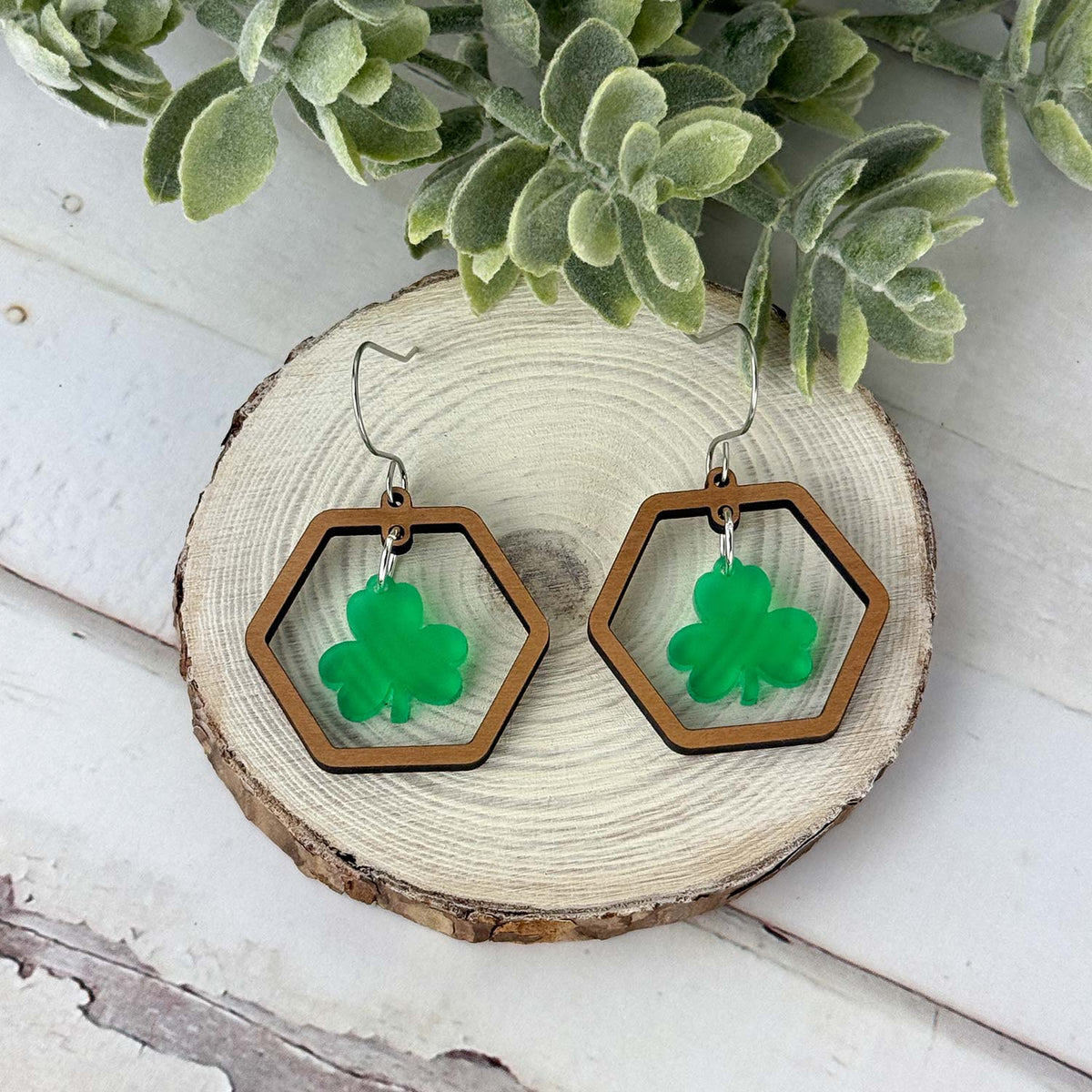 Hexagon Hoop Earrings with Shamrock Charm - St. Patrick's Day Earrings - Glowforge