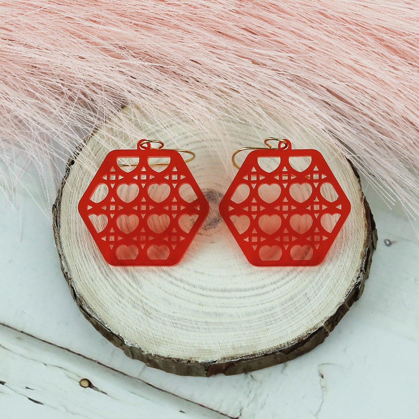 Hexagon-Shaped Earrings with Heart Rattan Pattern - Valentines Earrings - Glowforge