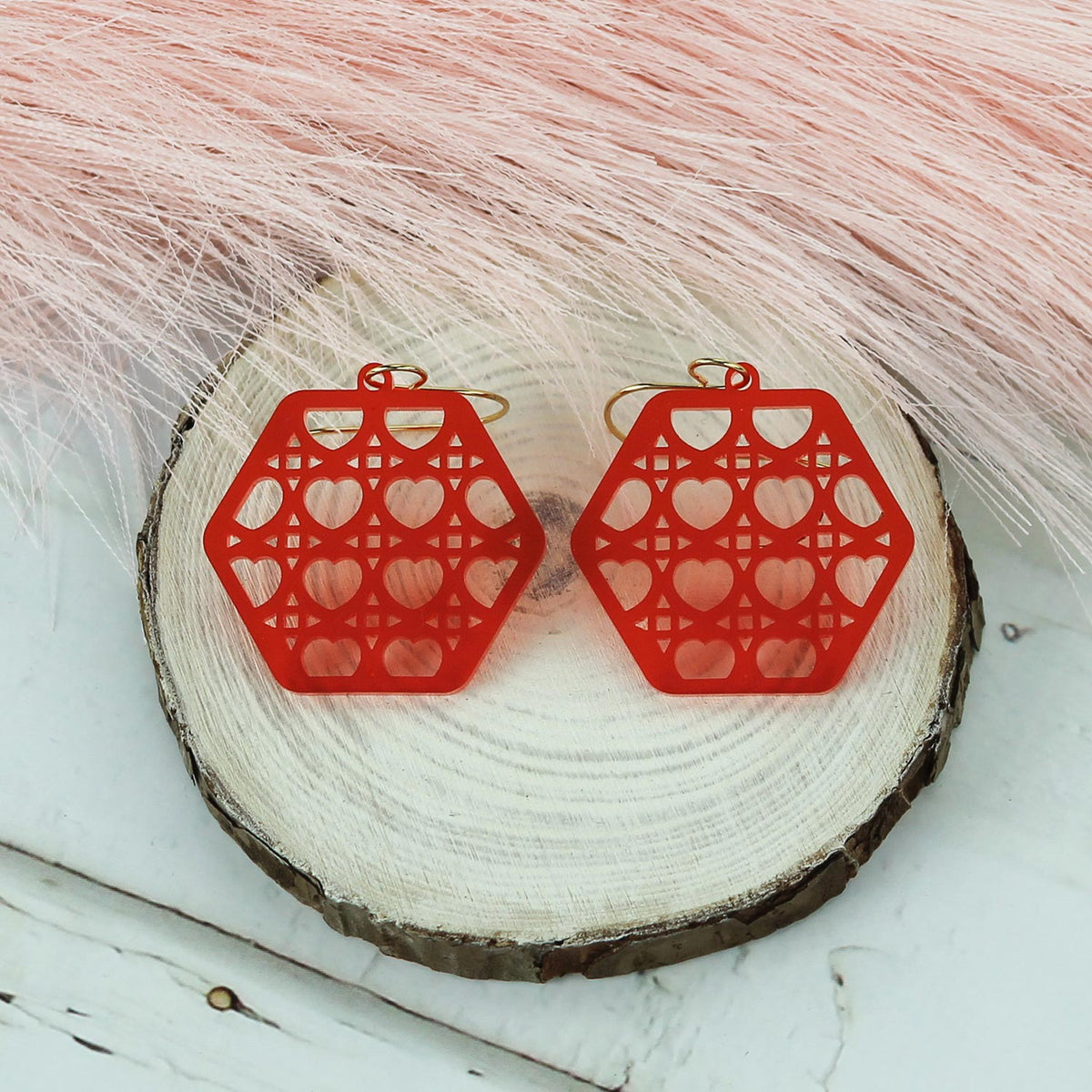 Hexagon-Shaped Earrings with Heart Rattan Pattern - Valentines Earrings - Glowforge