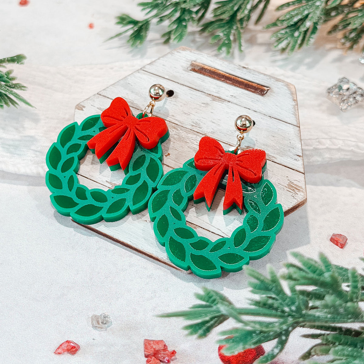 Holiday Wreath Earrings with Layered Bow Accents - Glowforge