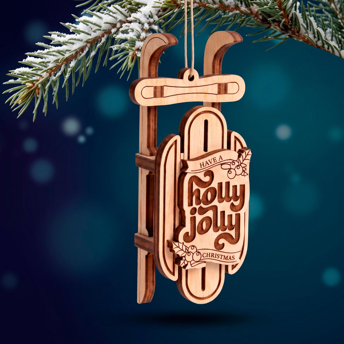Holly Jolly Christmas Sled Ornament - Glowforge