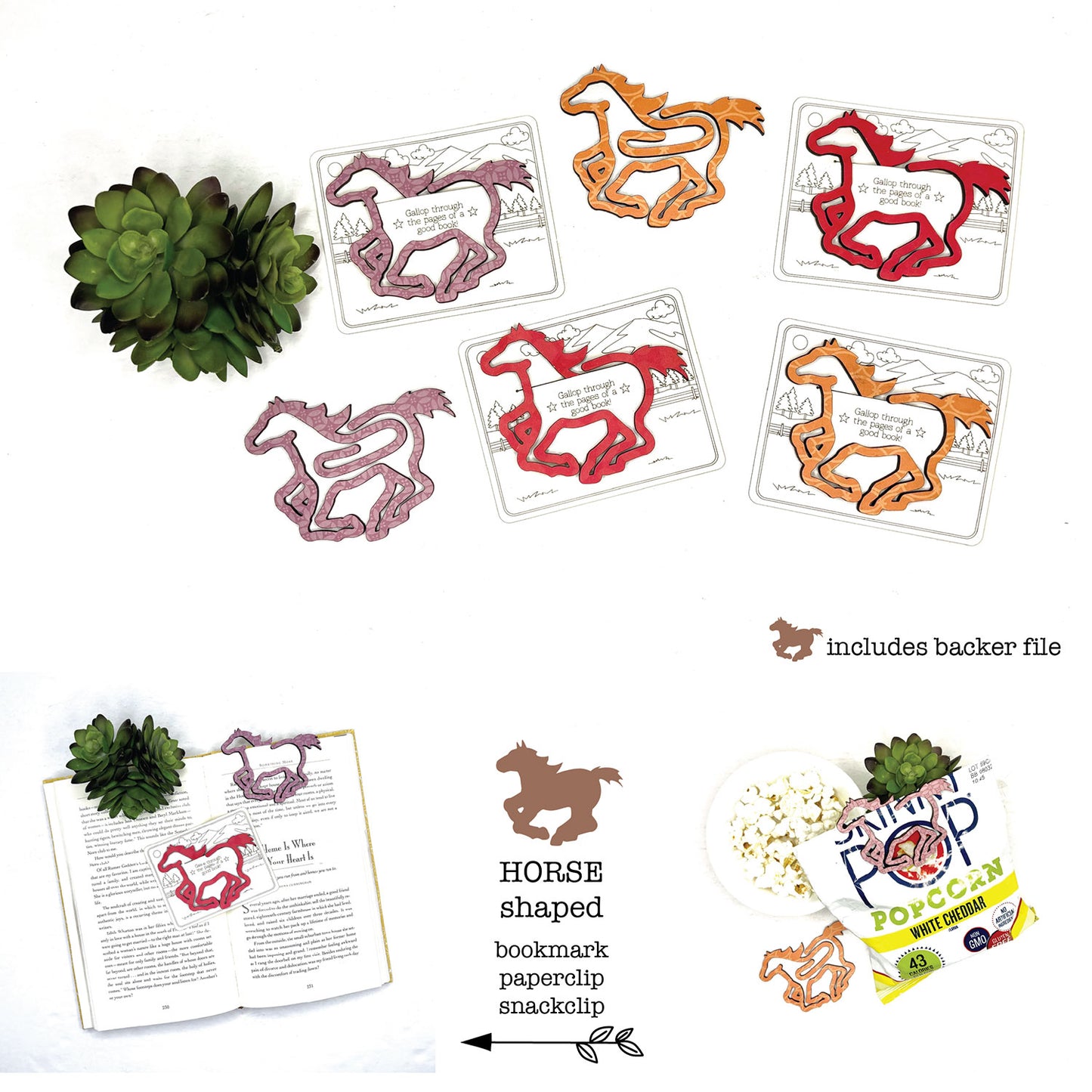 Horse Shaped Bookmark with Card Backer - Paperclip - Snack Bag Closure  - Glowforge