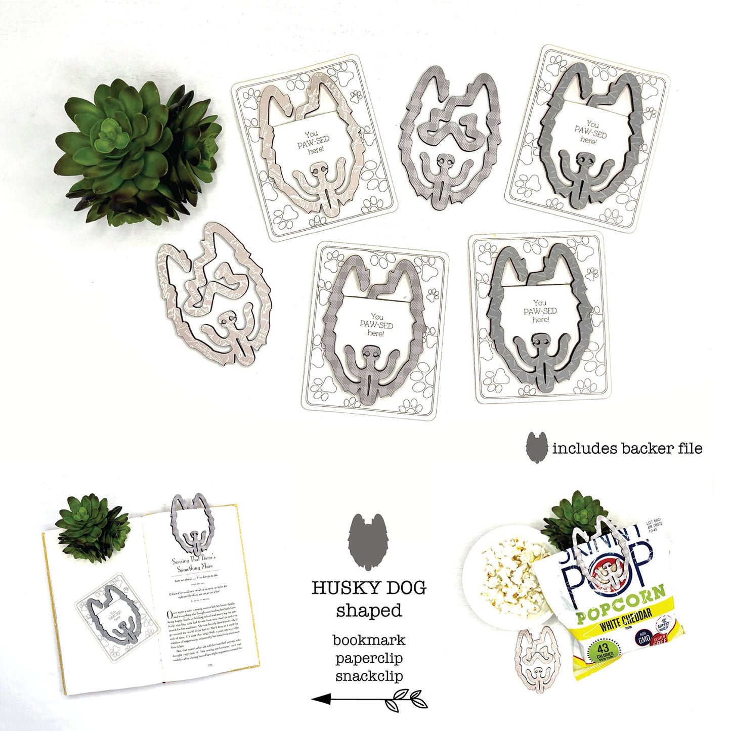 Husky Dog Shaped Bookmark with Card Backer - Paperclip - Snack Bag Closure - Glowforge