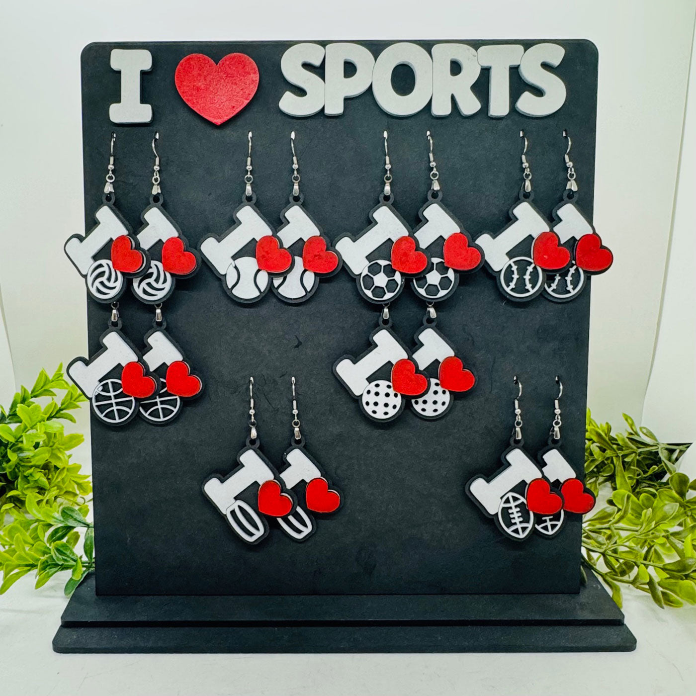 I Love Sports Earrings (Set of 8) with Display Stand - Glowforge