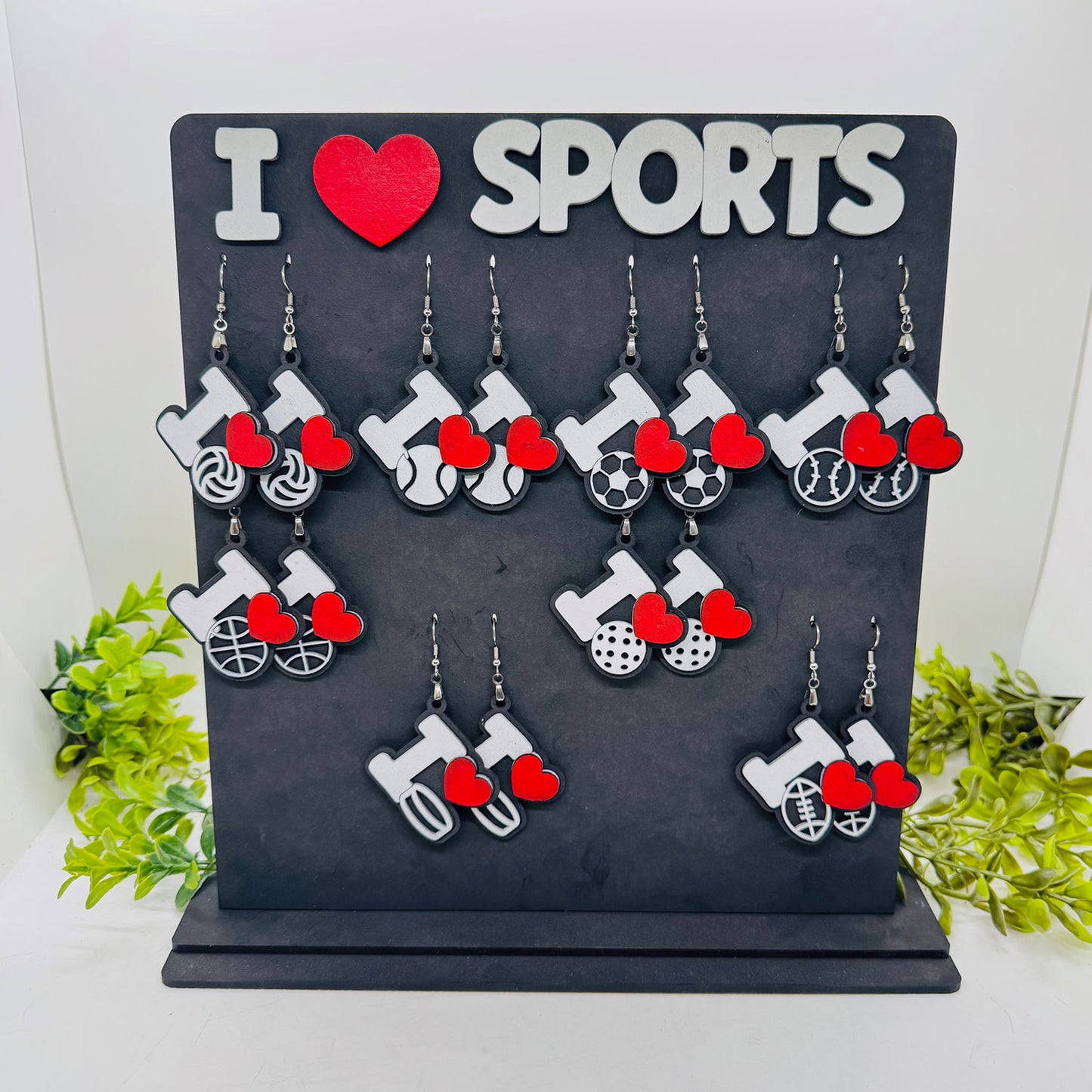 I Love Sports Earrings (Set of 8) with Display Stand - Glowforge