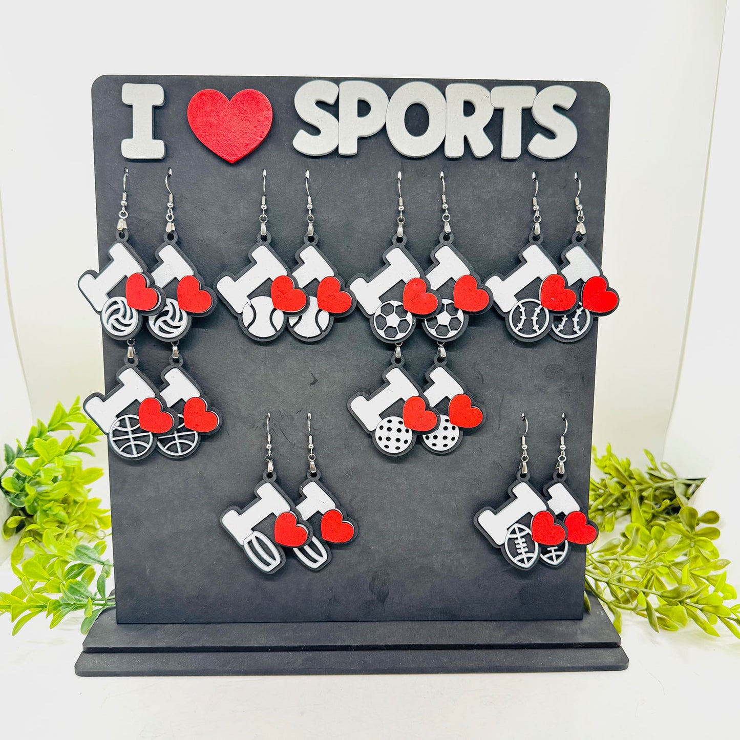 I Love Sports Earrings (Set of 8) with Display Stand - Glowforge