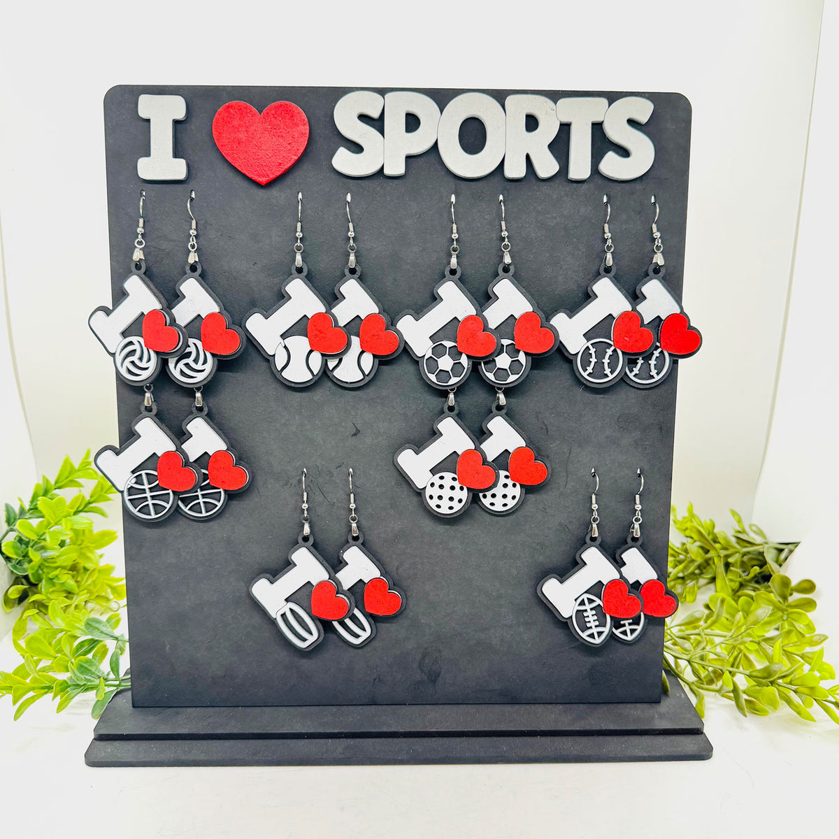 I Love Sports Earrings (Set of 8) with Display Stand - Glowforge