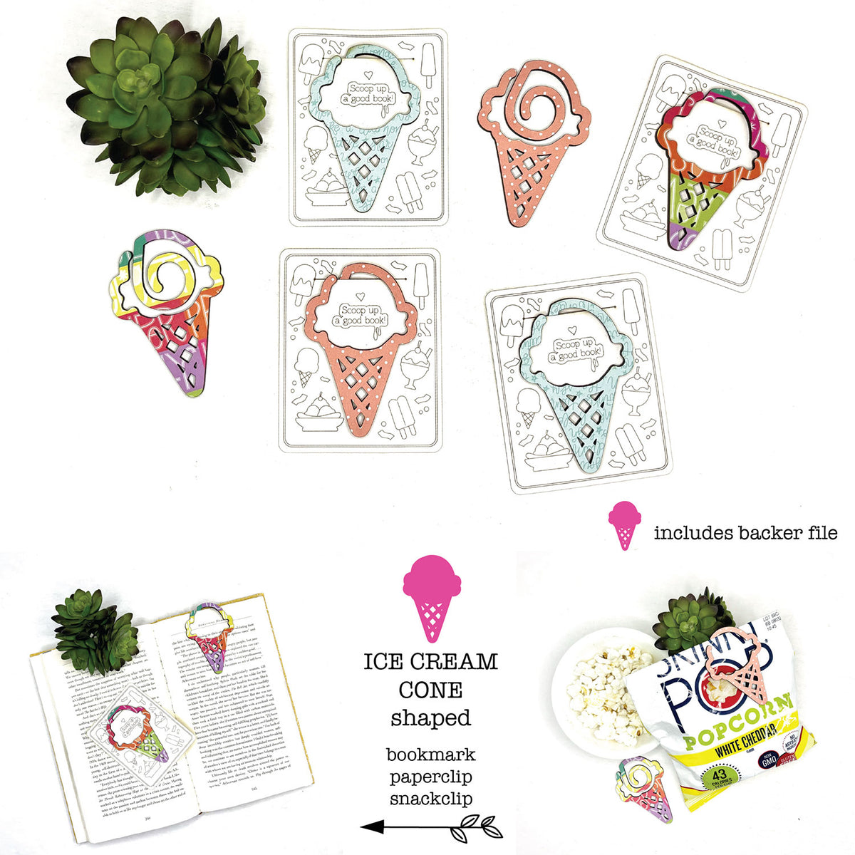 Ice Cream Cone Shaped Bookmark with Card Backer - Paperclip - Snack Bag Closure - Glowforge
