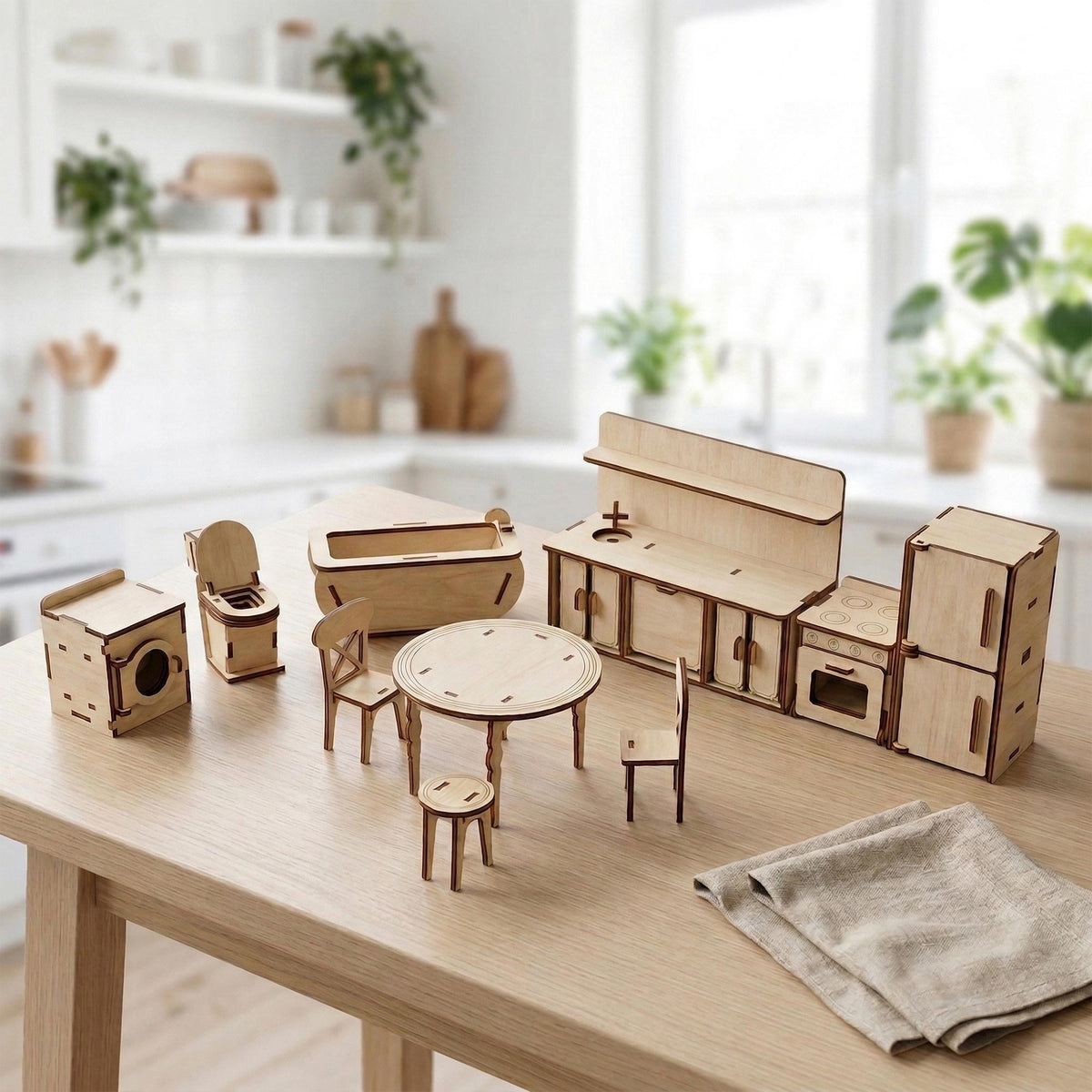 Kitchen & Bath Dollhouse Furniture Set 1:12 - Oven, Bath, Toilet, Table & Chairs - Glowforge