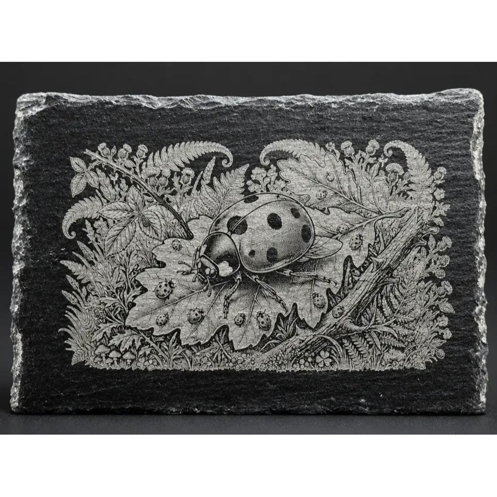 Ladybug and Foliage Illustration on Rectangular Slate Plaque - Glowforge