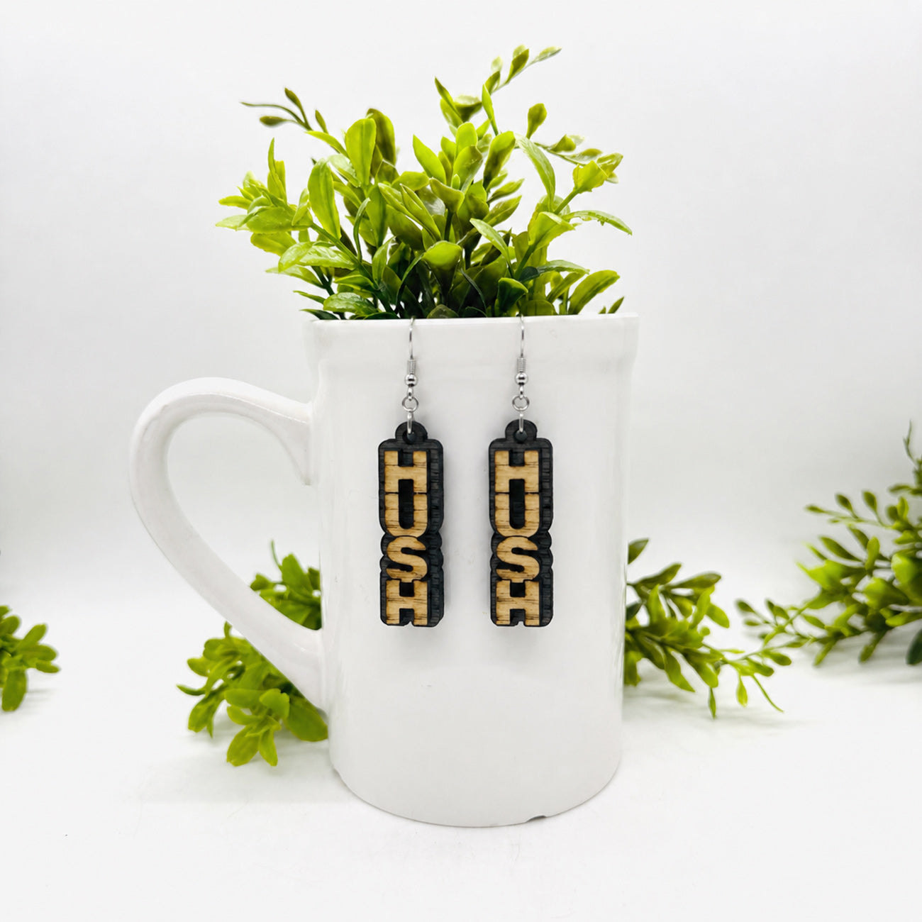 Layered HUSH Stacked Word Earrings - Funny Statement Dangle Earrings - Glowforge