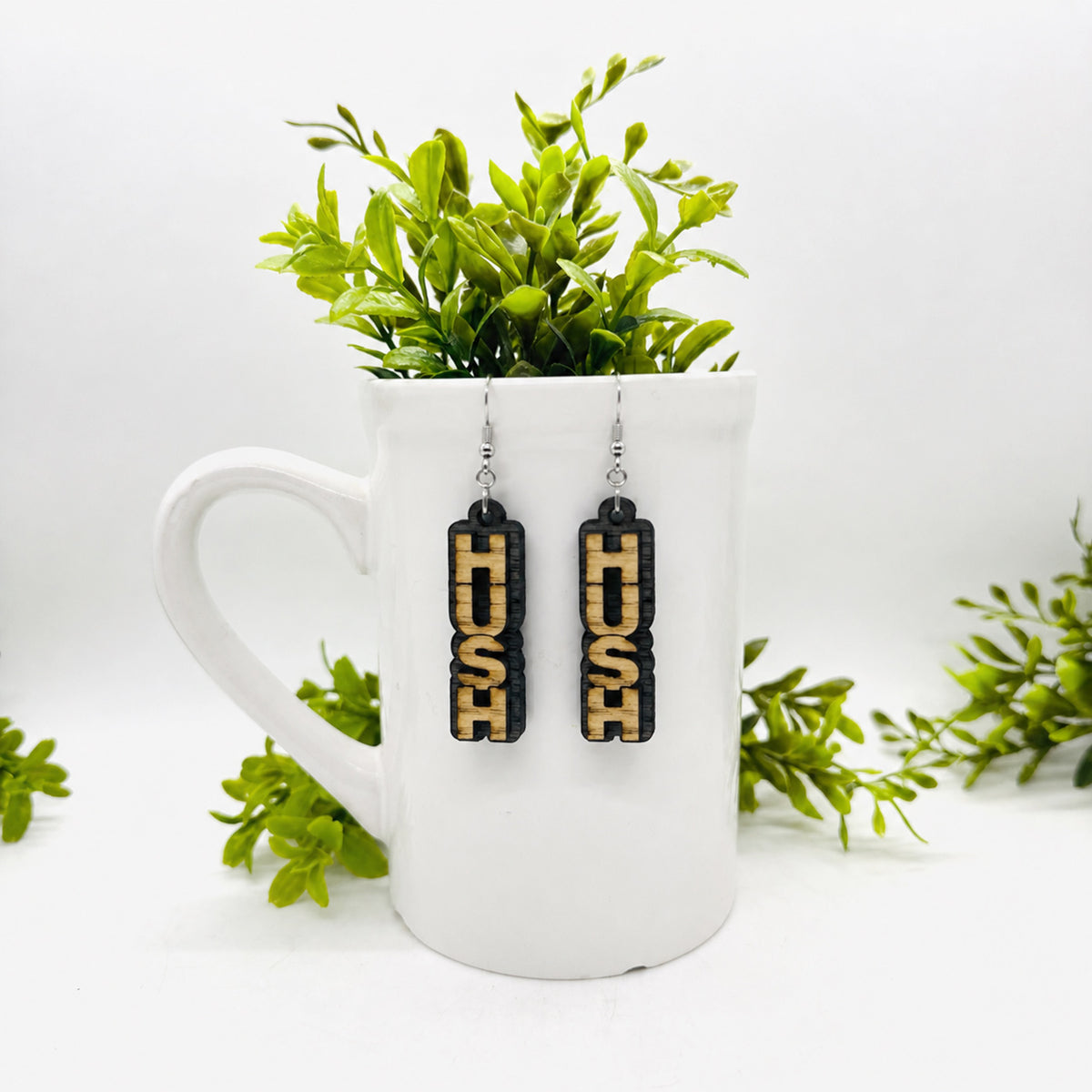 Layered HUSH Stacked Word Earrings - Funny Statement Dangle Earrings - Glowforge