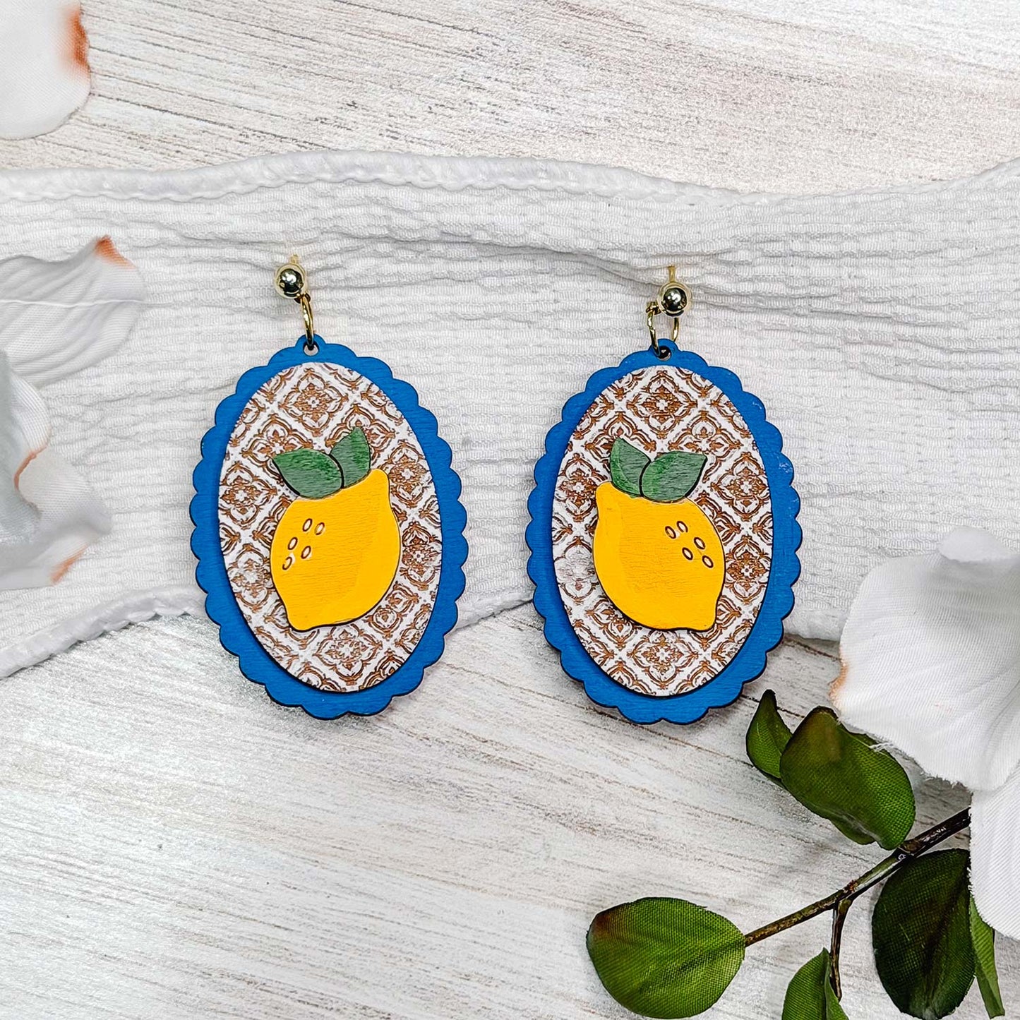 Layered Mediterranean Lemon Earrings with Moroccan Tile Detail - Glowforge