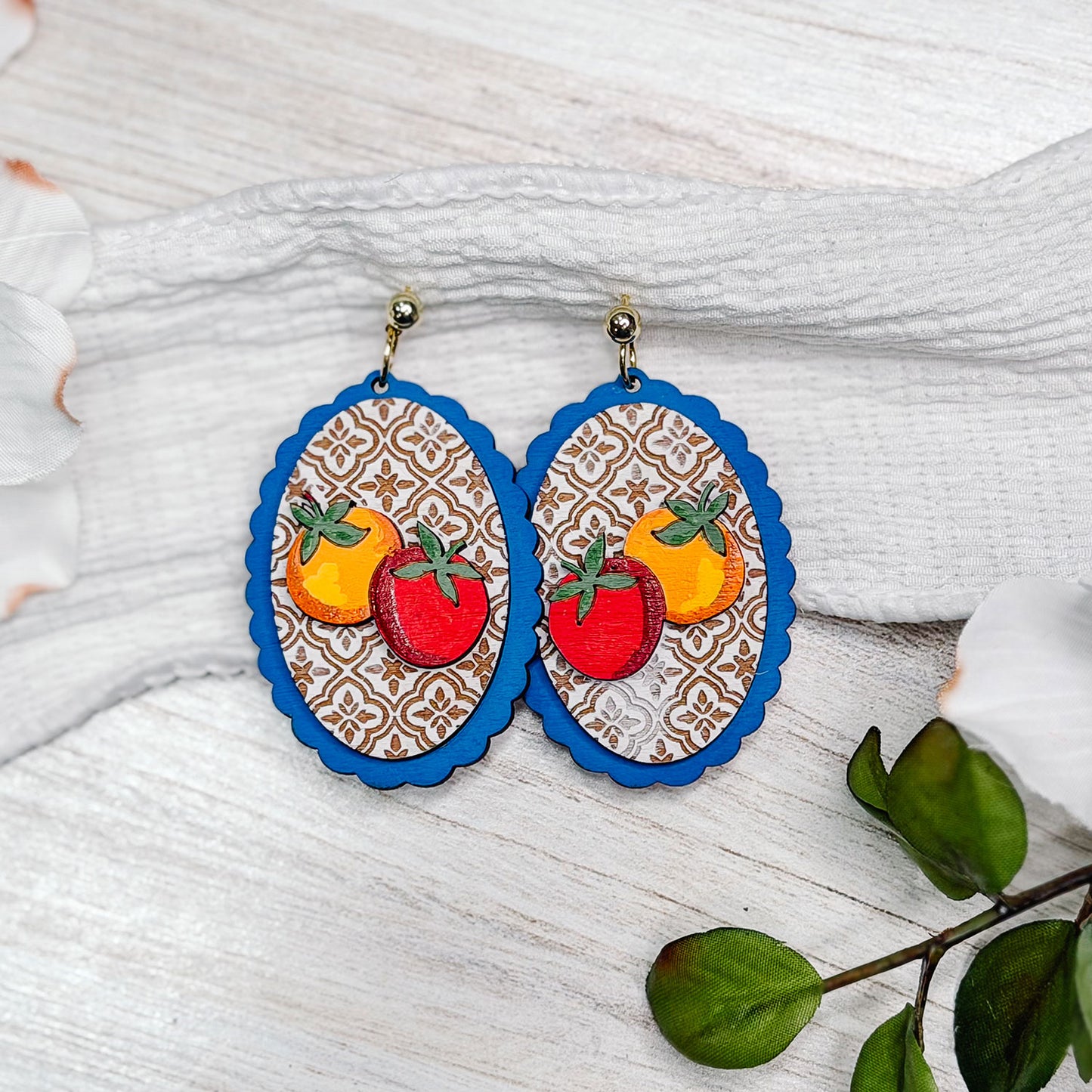 Layered Mediterranean Tomato Earrings with Moroccan Tile Detail - Glowforge