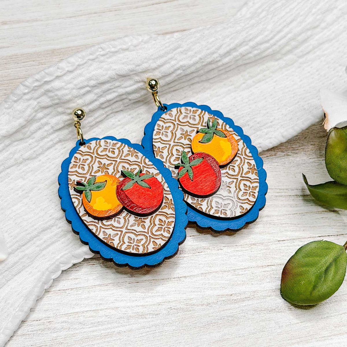 Layered Mediterranean Tomato Earrings with Moroccan Tile Detail - Glowforge