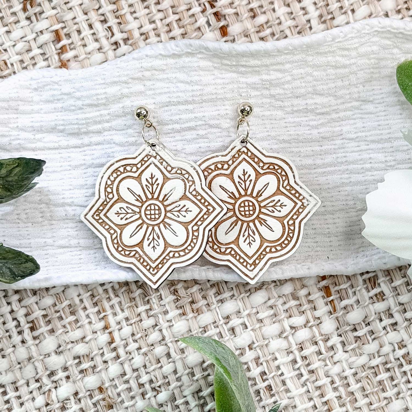 Layered Moroccan Tile Drop Earrings with Scalloped Floral Detail - Glowforge