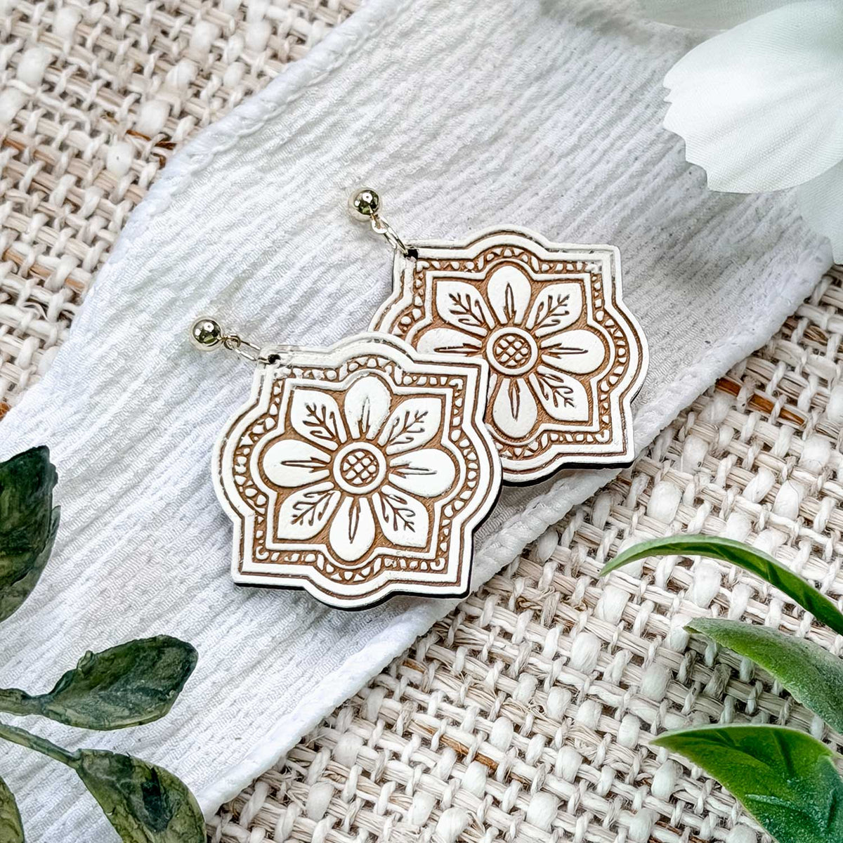 Layered Moroccan Tile Drop Earrings with Scalloped Floral Detail - Glowforge