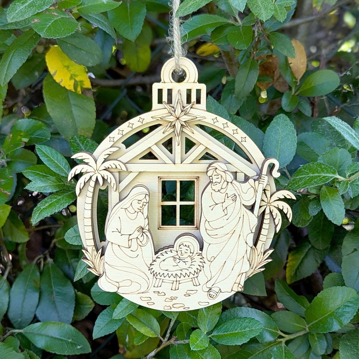 Layered Nativity Ornament - Christmas Decor with Baby Jesus, Mary and Joseph in the Barn - Glowforge