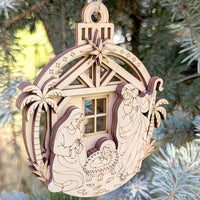 Layered Nativity Ornament - Christmas Decor with Baby Jesus, Mary and Joseph in the Barn - Glowforge