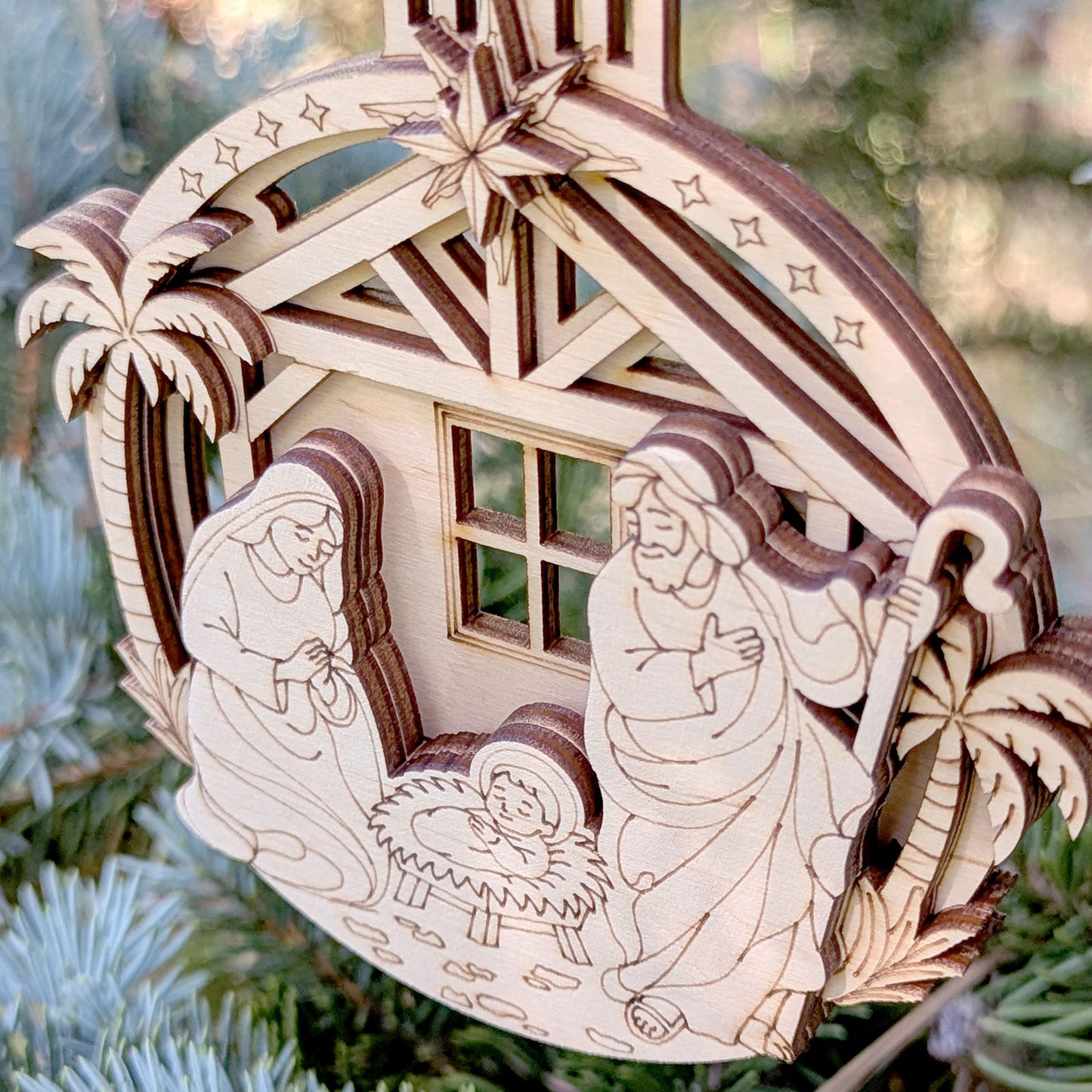 Layered Nativity Ornament - Christmas Decor with Baby Jesus, Mary and Joseph in the Barn - Glowforge