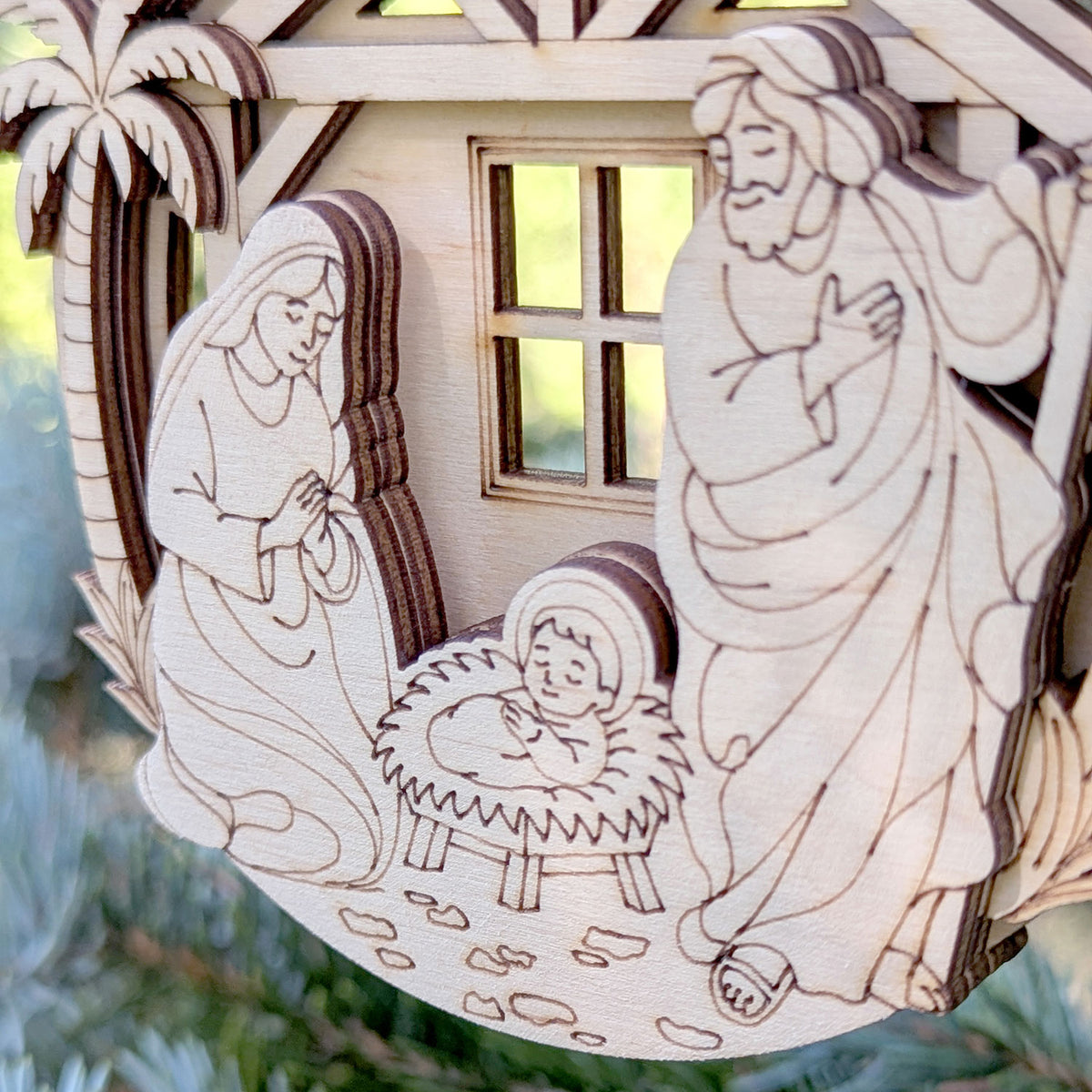 Layered Nativity Ornament - Christmas Decor with Baby Jesus, Mary and Joseph in the Barn - Glowforge