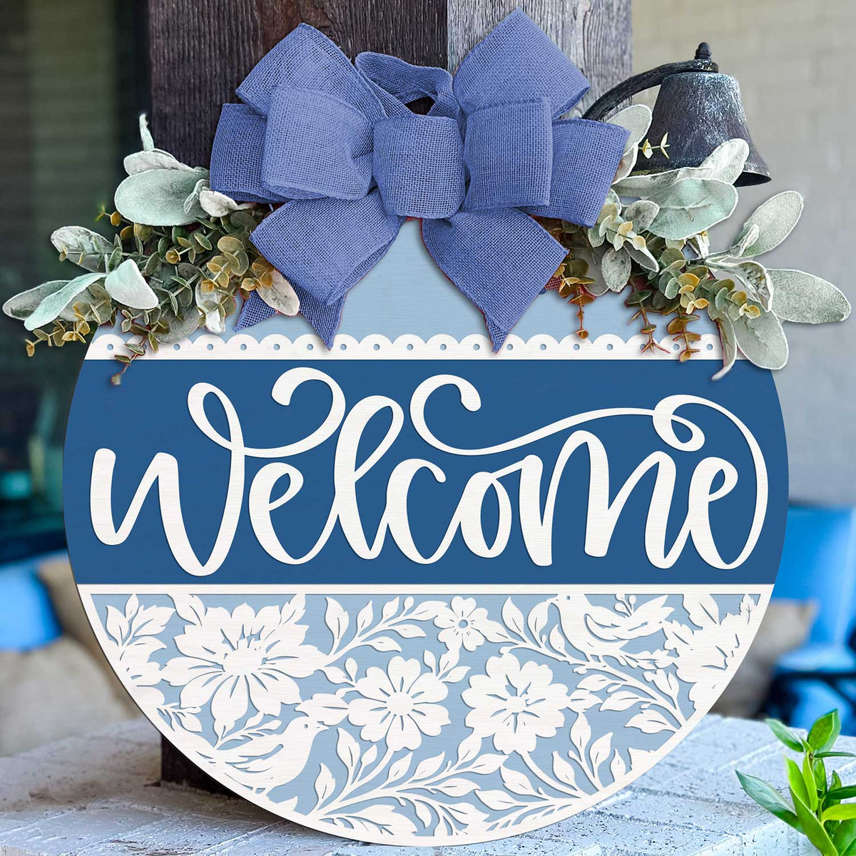 Layered Welcome Script Door Hanger with Chinoiserie Floral Detail - Glowforge