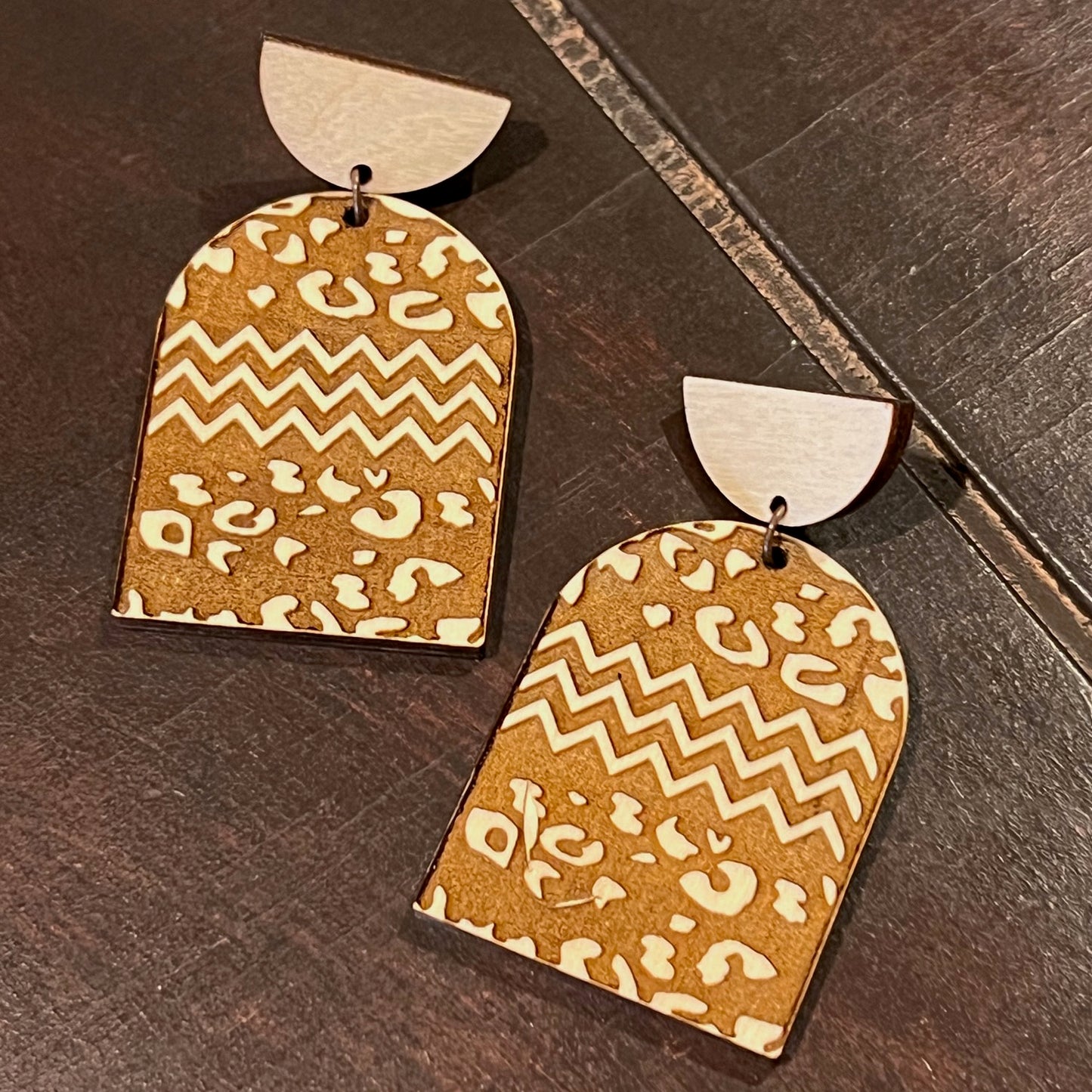 Leopard Print and Chevron Pattern Arch Dangle Earrings