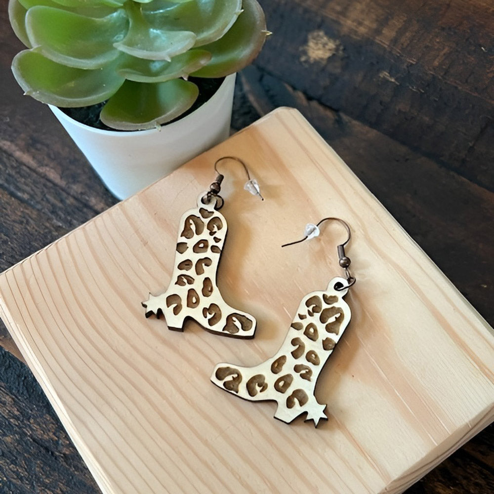 Leopard Print Cowboy Boot Dangle Earrings - Glowforge
