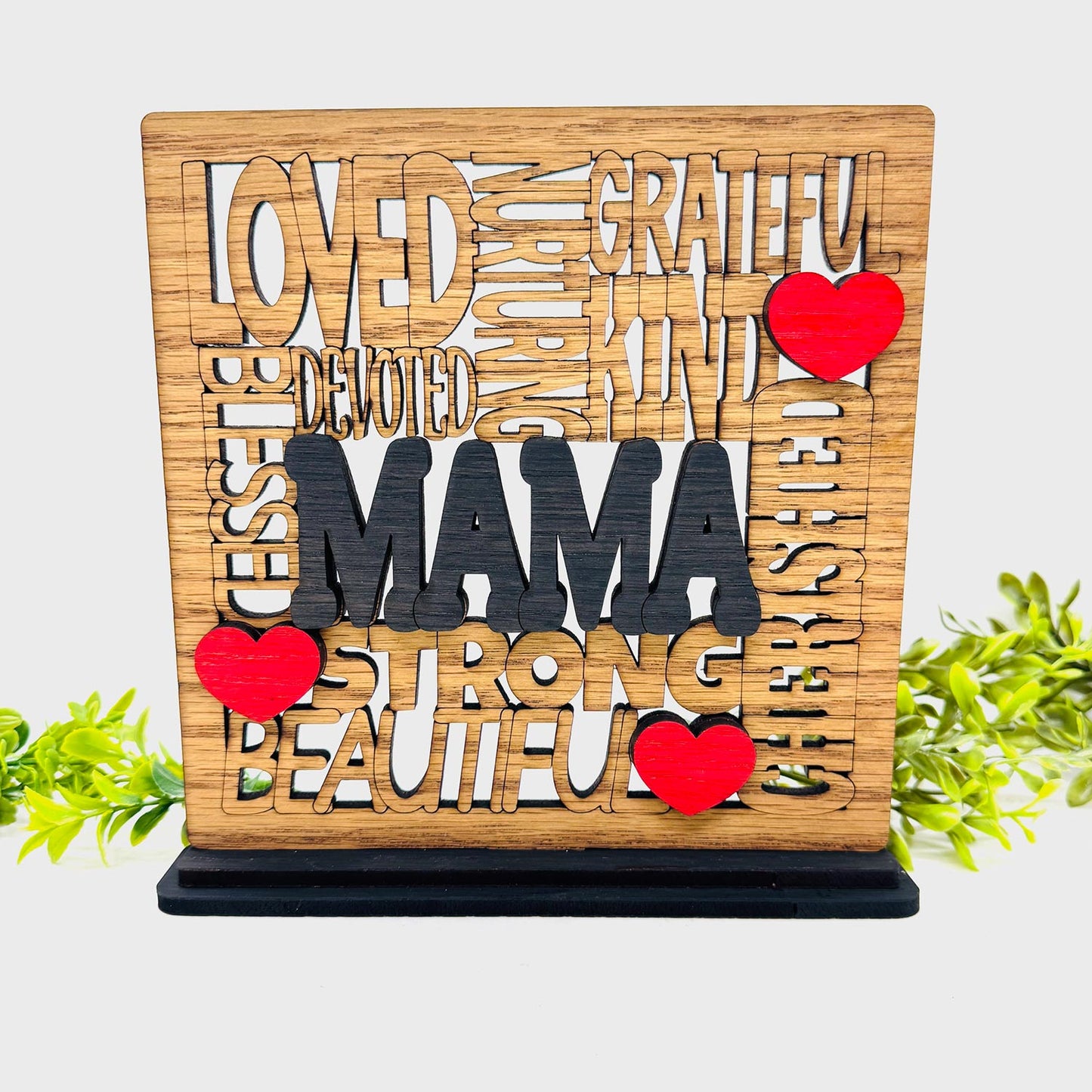 Loved Mama Word Collage Table Sign with Optional Backer - Layered Mother Gift Decor - Glowforge