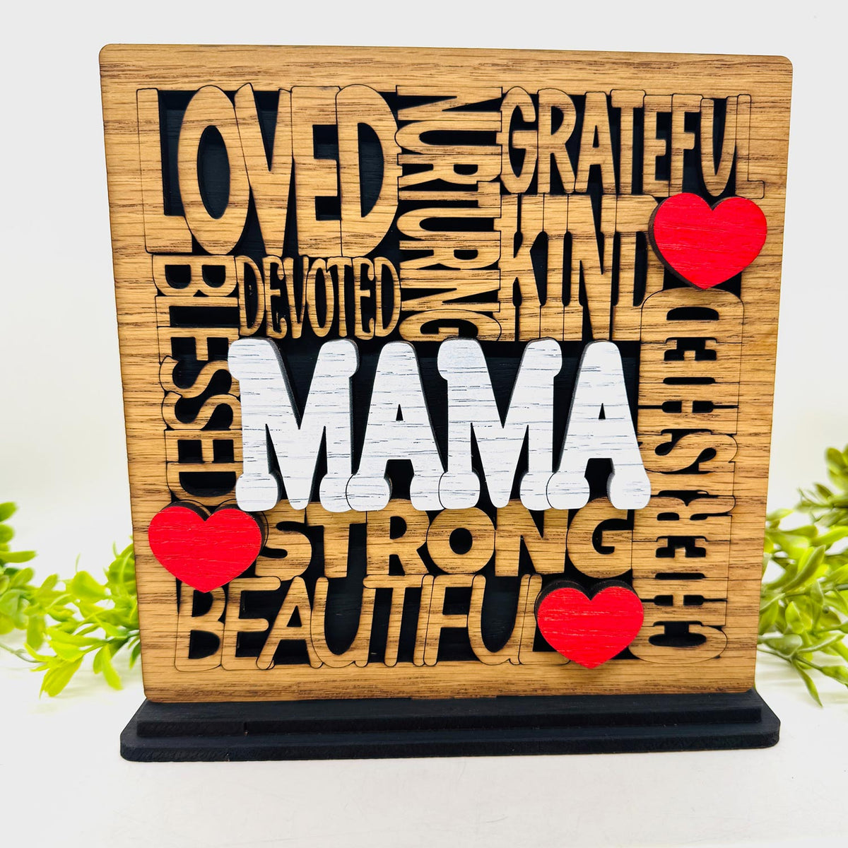 Loved Mama Word Collage Table Sign with Optional Backer - Layered Mother Gift Decor - Glowforge