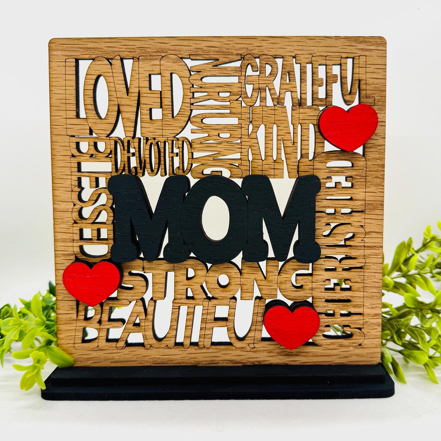 Loved Mom Word Collage Table Sign with Optional Backer - Layered Mother Gift Decor - Glowforge