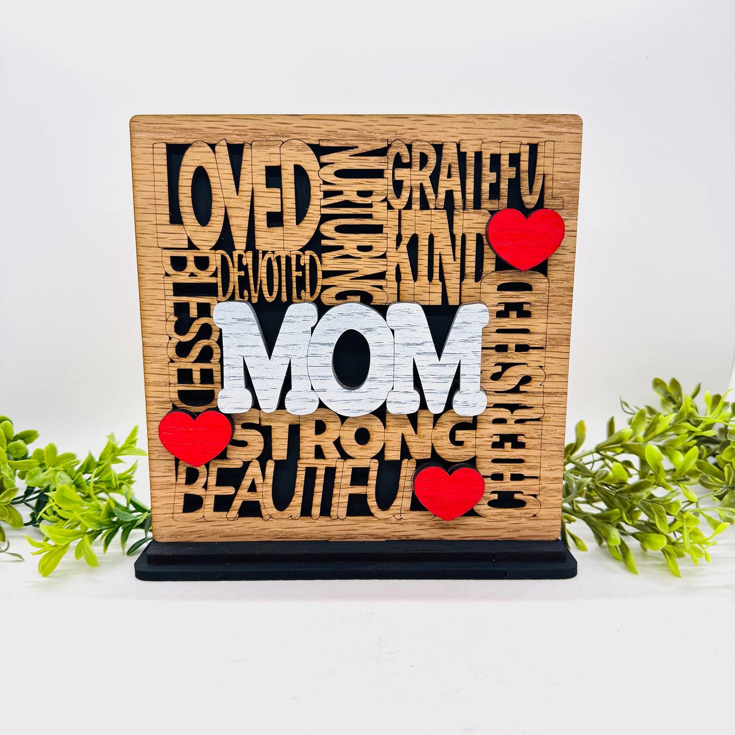 Loved Mom Word Collage Table Sign with Optional Backer - Layered Mother Gift Decor - Glowforge