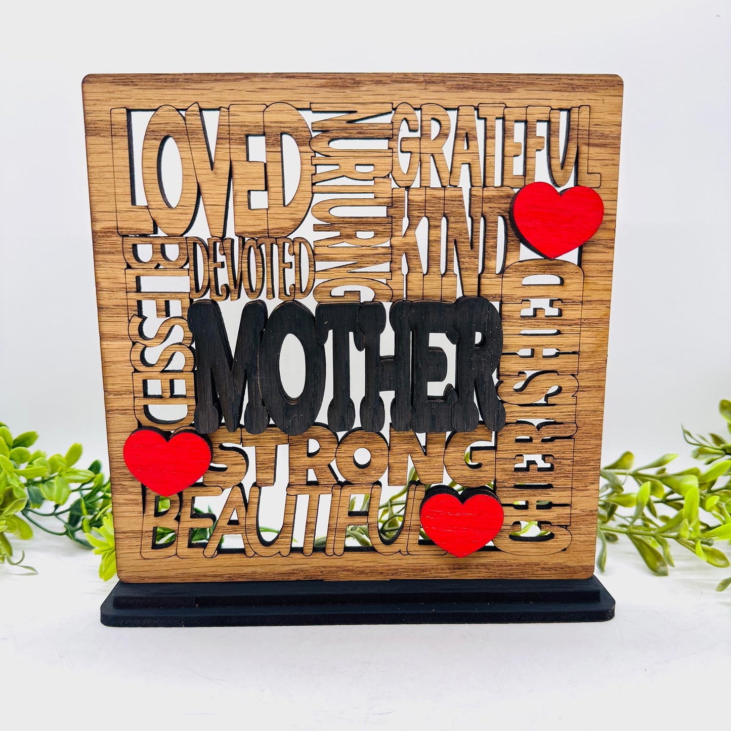 Loved Mother Word Collage Table Sign with Optional Backer - Layered Mother's Day Gift