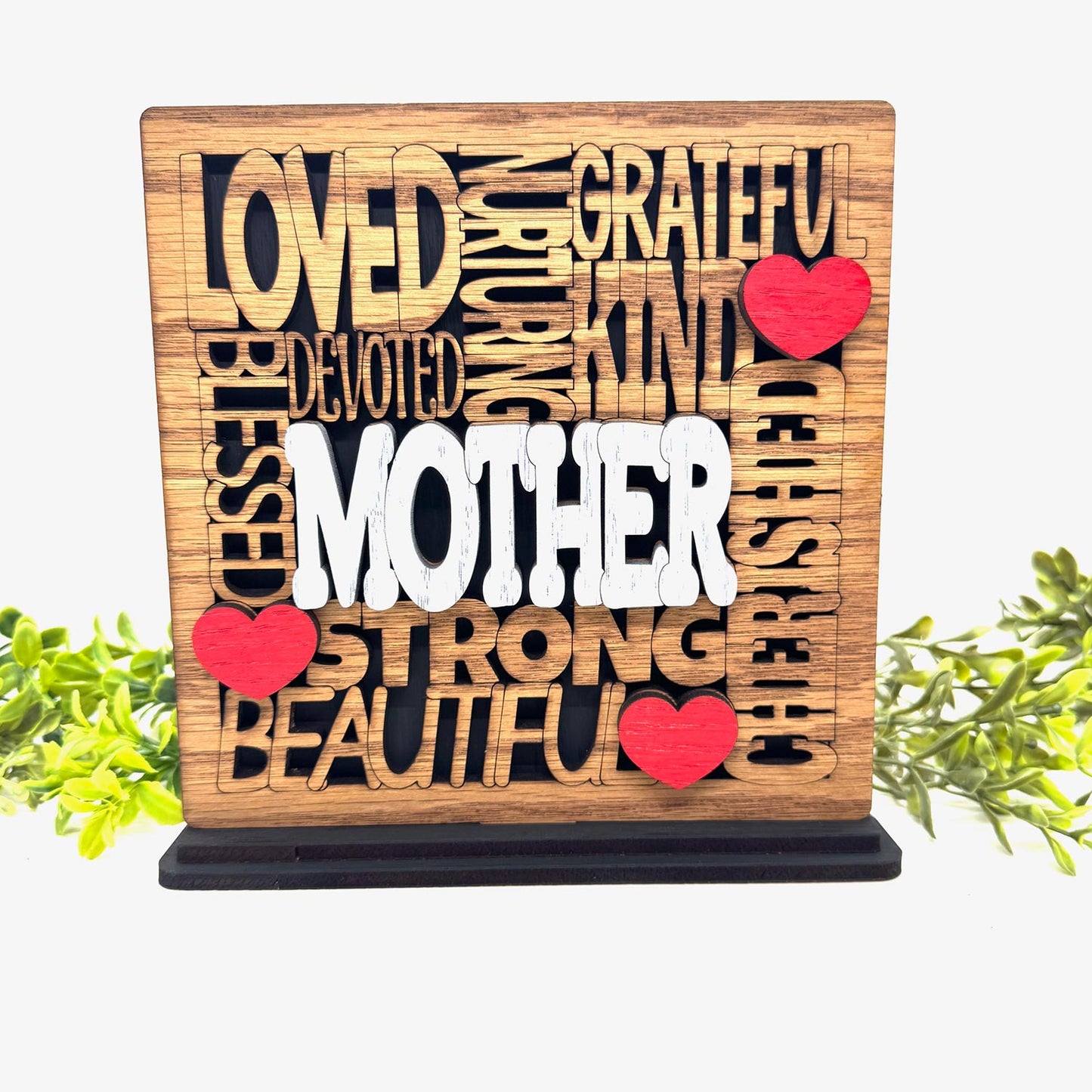 Loved Mother Word Collage Table Sign with Optional Backer - Layered Mother's Day Gift