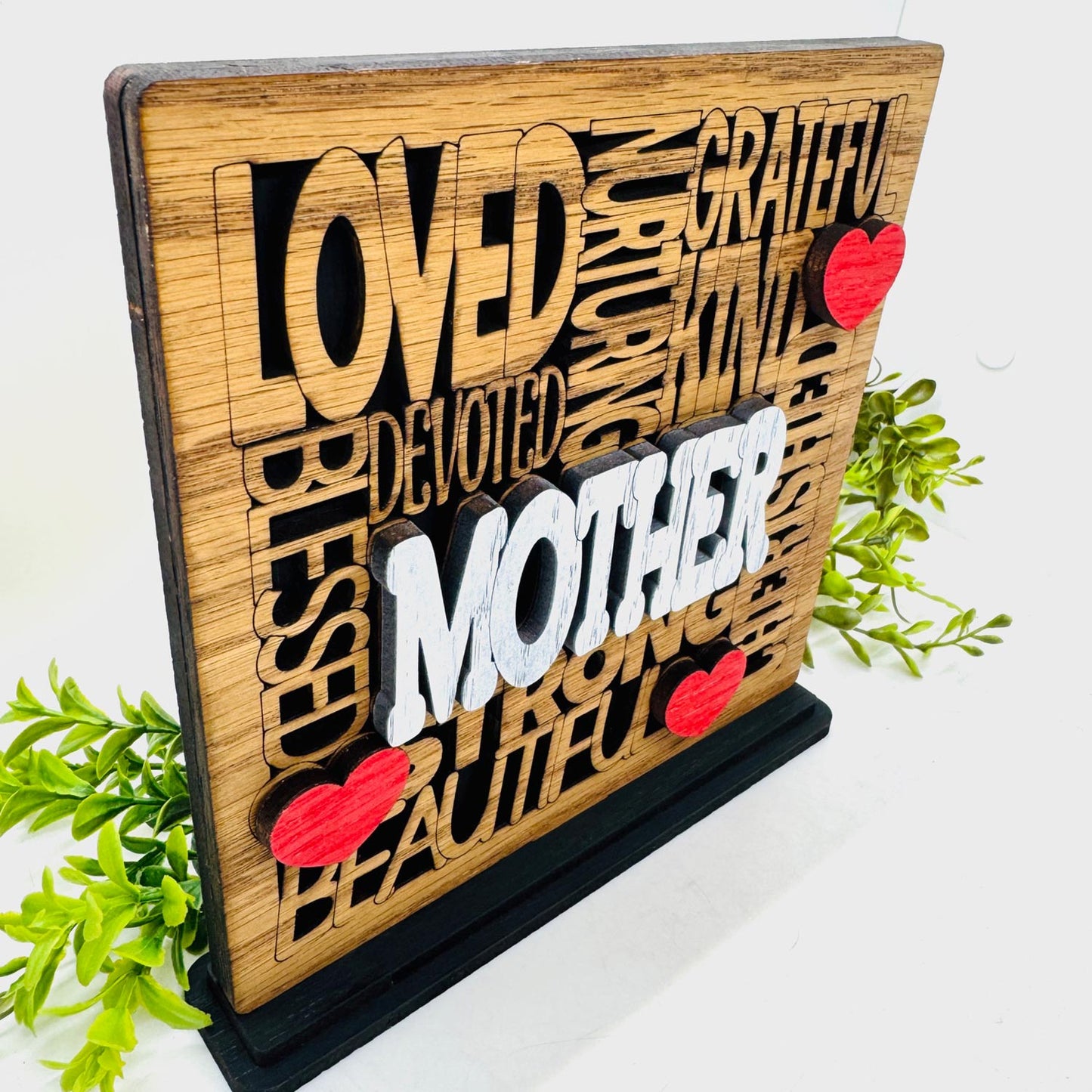 Loved Mother Word Collage Table Sign with Optional Backer - Layered Mother's Day Gift