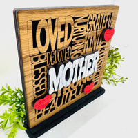 Loved Mother Word Collage Table Sign with Optional Backer - Layered Mother's Day Gift