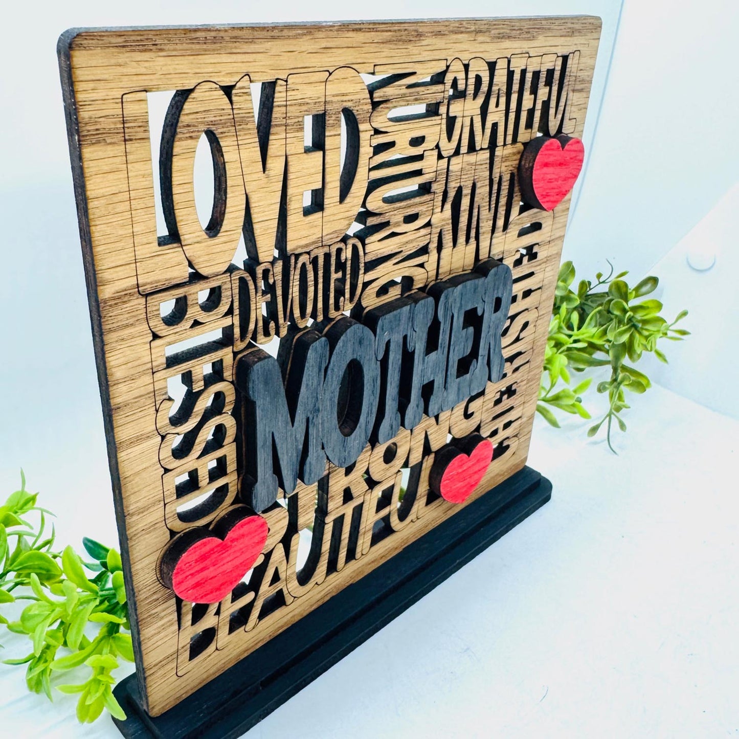 Loved Mother Word Collage Table Sign with Optional Backer - Layered Mother's Day Gift