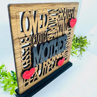 Loved Mother Word Collage Table Sign with Optional Backer - Layered Mother's Day Gift
