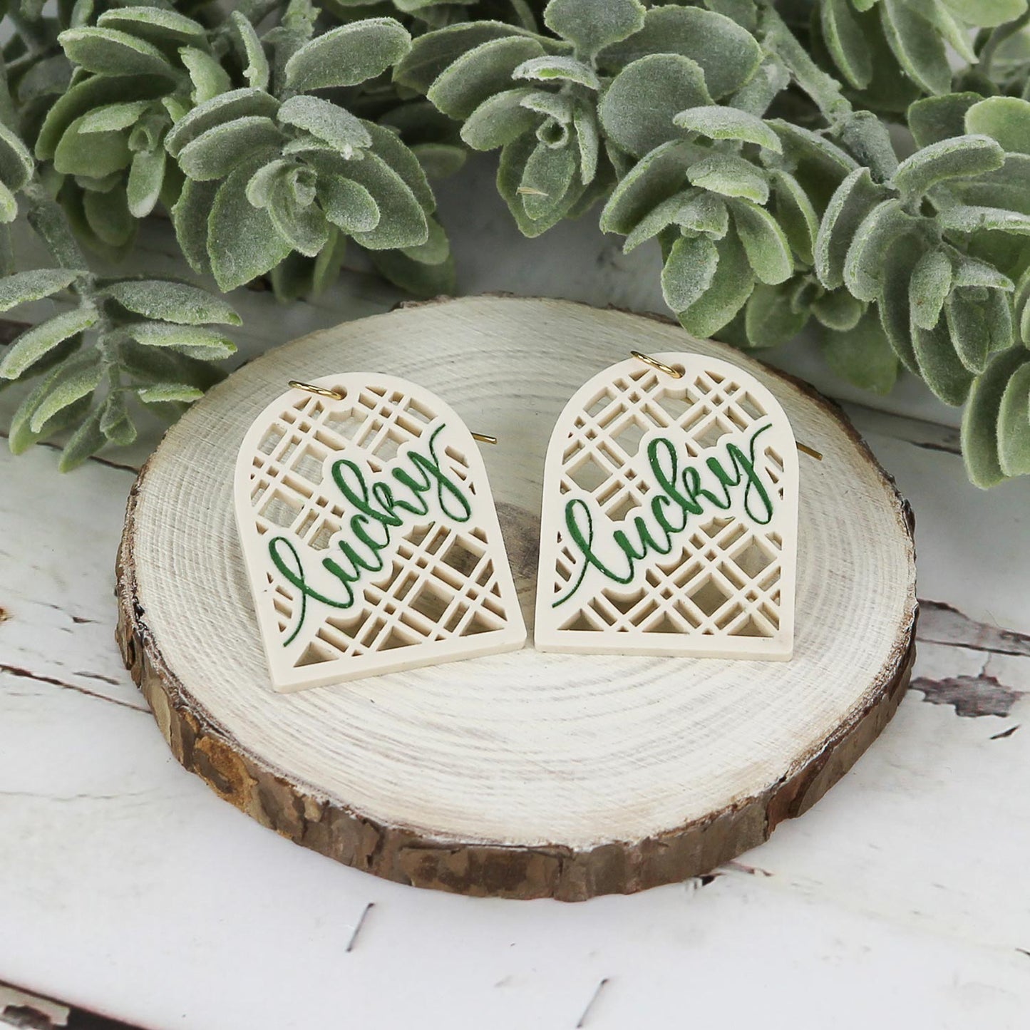 Lucky Arch Earrings with Modern Diagonal Lattice Pattern - St. Patrick's Day Earrings - Glowforge