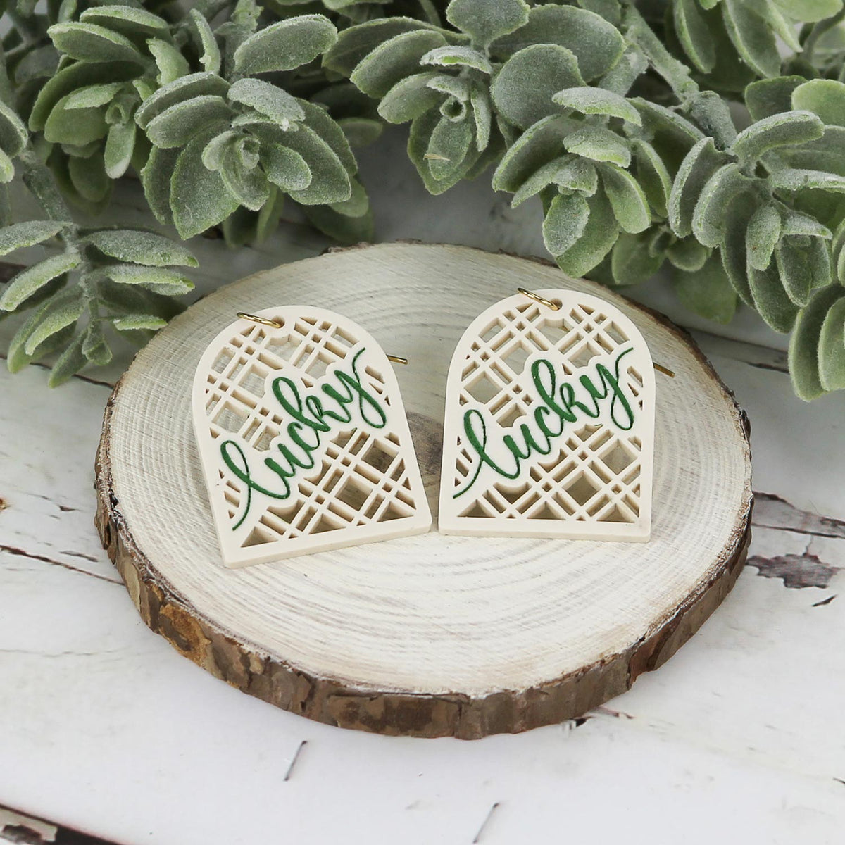 Lucky Arch Earrings with Modern Diagonal Lattice Pattern - St. Patrick's Day Earrings - Glowforge