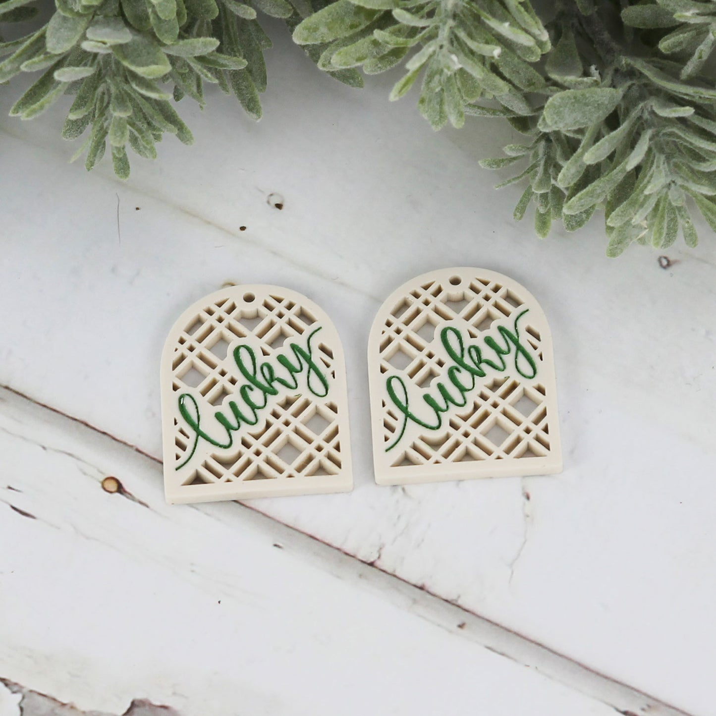 Lucky Arch Earrings with Modern Diagonal Lattice Pattern - St. Patrick's Day Earrings - Glowforge