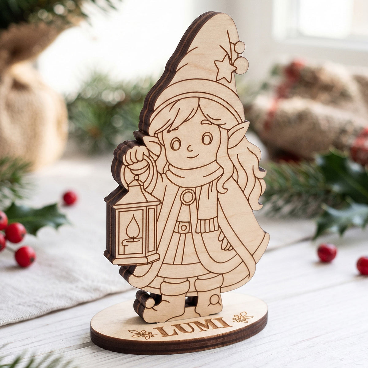 Lumi Lantern Bearer - Winter Elf Figure for Christmas Decor & Painting - Glowforge