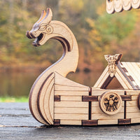 Medieval Viking Ship - Miniature Model with Dragon Head and Shields -Glowforge